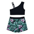thumbnail image 2 of YONGHS Kids Girls Shoulder Straps Athletic Crop Top with Rave Shorts Gymnastics Tracksuit Sportswear Green Lily 6, 2 of 8