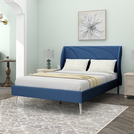 Full Size Upholstered Platform Bed  Platform Bed Frame with Wingback Headboard  Mattress Foundation with Metal Slats Support for Living Room Bedroom  No Box Spring Needed  Navy Blue