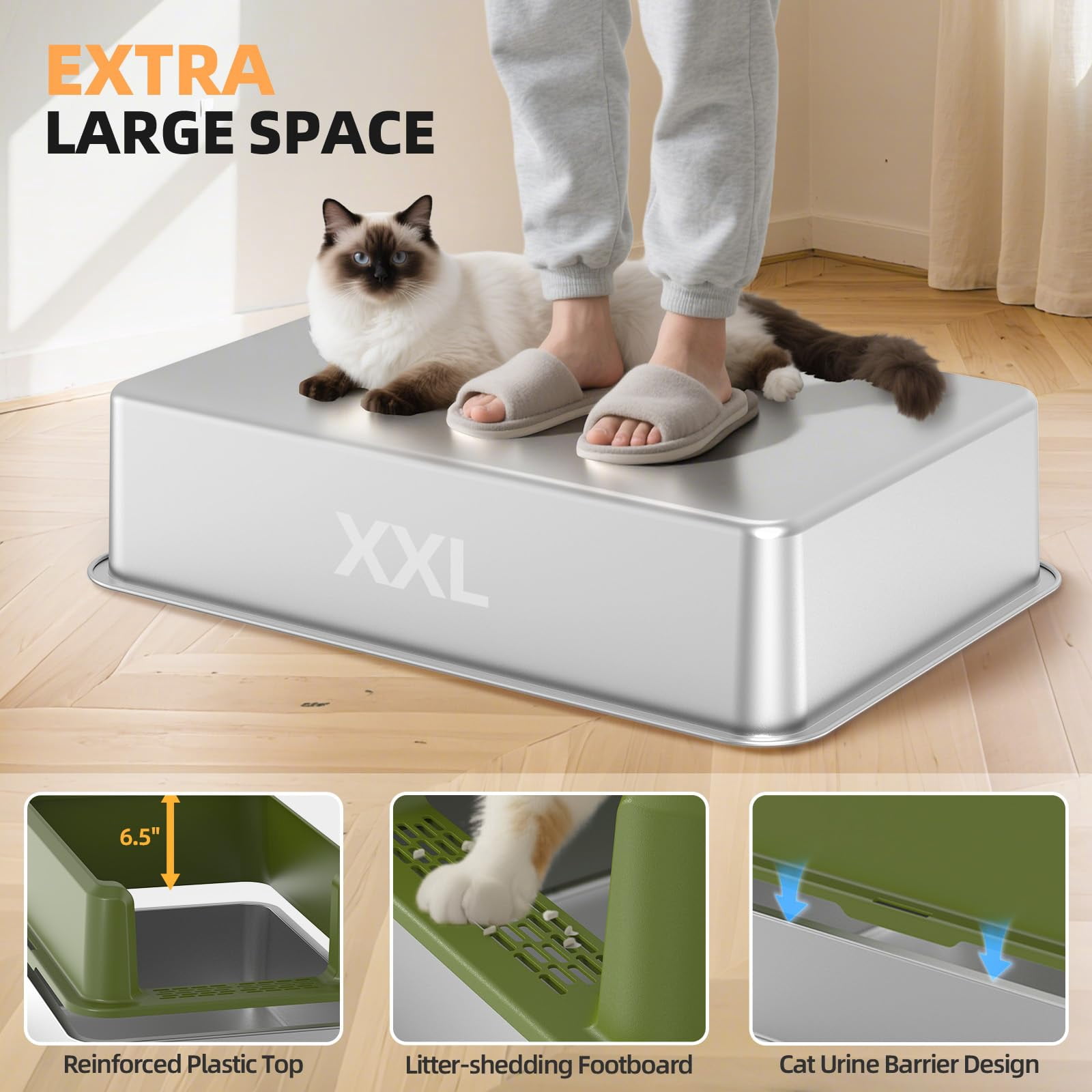 Enclosed Stainless Steel Cat Litter Box With Lid  Xl Extra Large For Big Cats Metal Pan High Sided Never Absorbs Odors Anti-urine Leakage Include Scoop (65-green)
