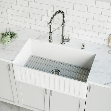 VIGO Matte Stone White Composite 33 in. Single Bowl Slotted Farmhouse Kitchen Sink with Accessories and Faucet in Chrome