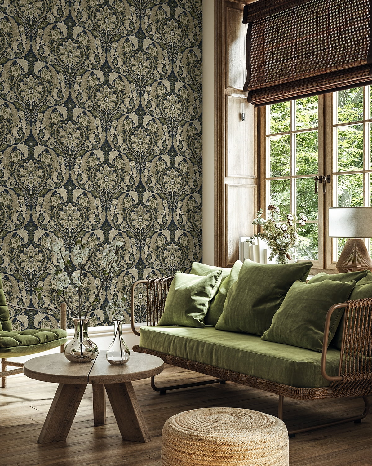 Harry & Grace Deep Sea Thornton Vintage Damask Peel and Stick Wallpaper - 20.5 in. W x 18 ft. L Roll