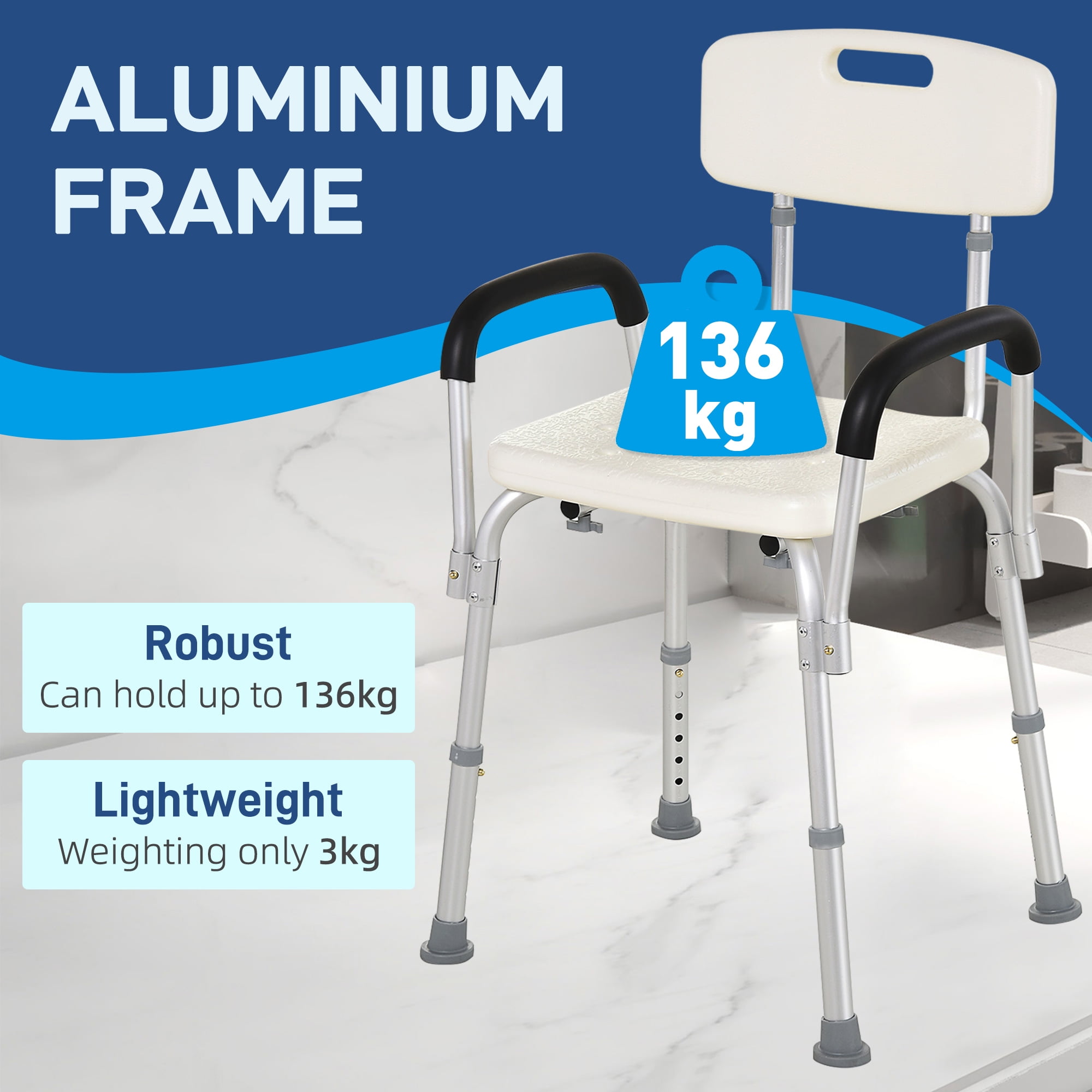 HOMCOM Adjustable Medical Shower Chair with Back Bathtub Bench Bath Seat with Padded Arms Non Slip Tub Safety for Disabled Seniors Elderly