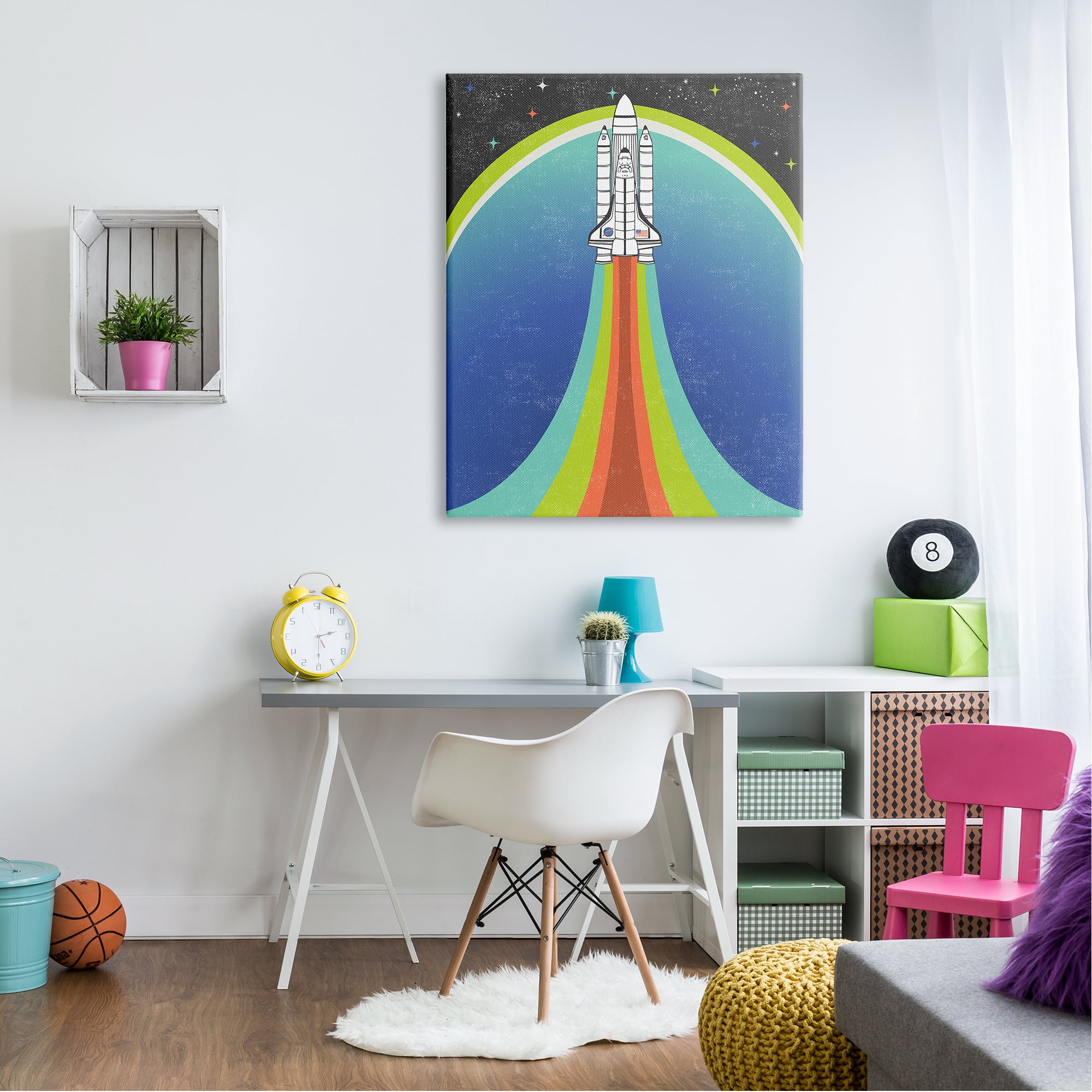 Stupell Industries Rocket Ship Taking Off Outer Space Striped Pattern Canvas Wall Art, 36 x 48, Design by Caroline Alfreds