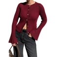thumbnail image 2 of Women Trendy Crew Neck Ribbed Knit Crop Bell Long Sleeve Open Front Button Down Sweater Shirt Fall Outfit Wine Red L, 2 of 7