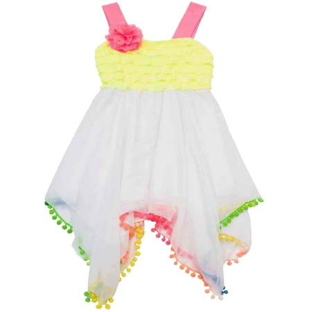 Little Girl 2T-6X Neon Yellow/White Multicolor Pom-Pom Hanky Hem Maxi Dress [RRE-53974], Yellow, 2T