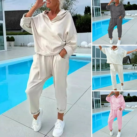 BAETEUY 2pcs Women's Spring/Autumn Top and Pants Set, Hooded Pure Color Long Sleeve Hoodie, Elastic Waist Sweatpants, Sport Outfit, Casual Tracksuit