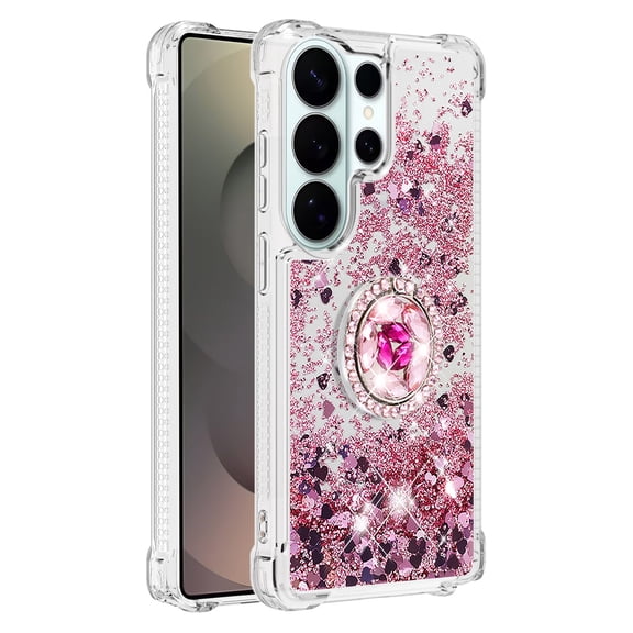 Glitter Quicksand Phone Case for Galaxy S26 Ultra, Heart Sequin Clear Protective Cover with Detachable Ring Kickstand, Shockproof Anti-Drop Transparent Bling Sparkly Case for Women Girls.A01