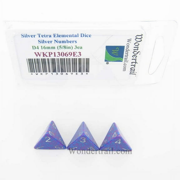 Silver Tetra Elemental Dice with Silver Numbers D4 16mm (5/8in) Pack of 3 Wondertrail