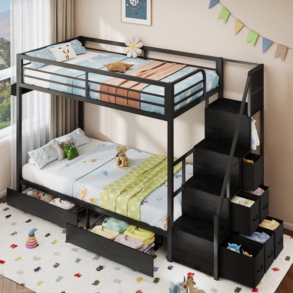 DRNANLIT Bunk Bed Twin Over Twin with Stairs, Storage 8 Drawers, Heavy Duty Bunk Bed, Hanging Area, Full-length Guardrail, Space-saving Bed for Dorm, Bedroom, Apartment