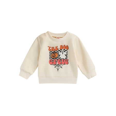 

Qtinghua Toddler Baby Girl Boy Halloween Sweatshirt Long Sleeve Cartoon Pumpkin & Spider Web & Ghost Print Pullover Loose Tops Apricot 18-24 Months