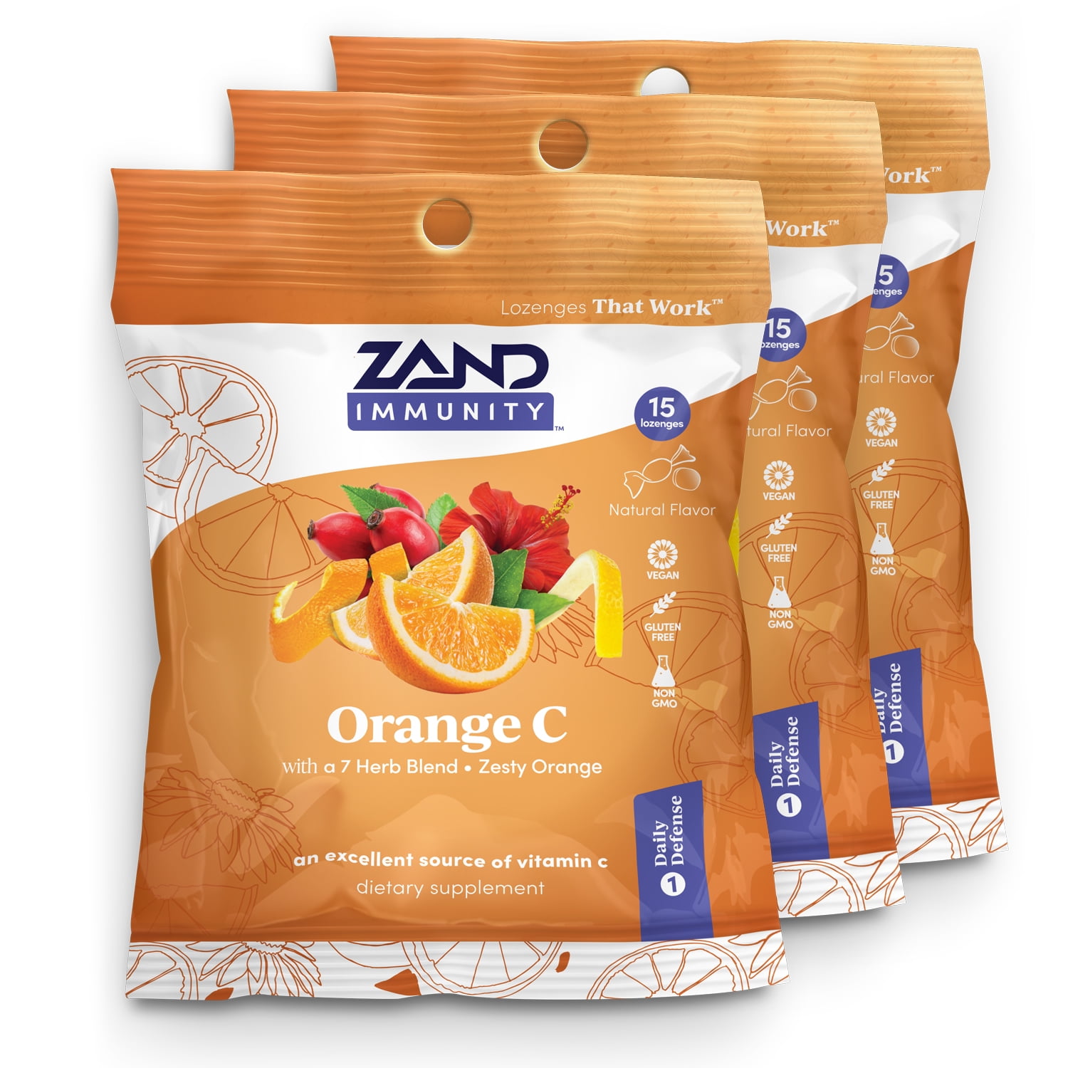 Zand Immunity Orange C HerbaLozenge | Vitamin C Throat Drops w/ Soothing Herb Extracts | Non-GMO (3 Bags, 15 Lozenges)
