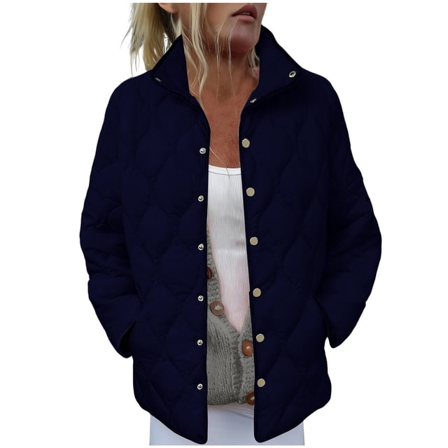 Women Quilted Down Jackets - Lightweight Snap Front Collared Winter Puffer Coats with Pockets Casual Travel Padded Fall Jackets Outerwear