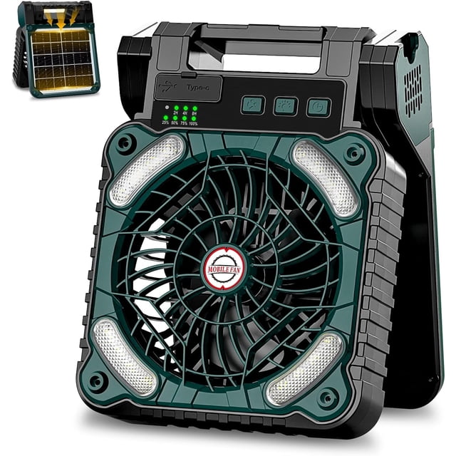 Ventilador de Camping|10400 mAh Ventilador Portátil Solar y USB Recargable|Ventiladores de Escritorio Solar con Linterna LED Temporizador 4 Velocidades para Aire Libre Exteior Interior y Emergencias