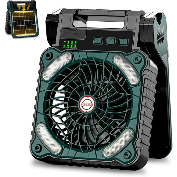 Ventilador de Camping|10400 mAh Ventilador Portátil Solar y USB Recargable|Ventiladores de Escritorio Solar con Linterna LED Temporizador 4 Velocidades para Aire Libre Exteior Interior y Emergencias