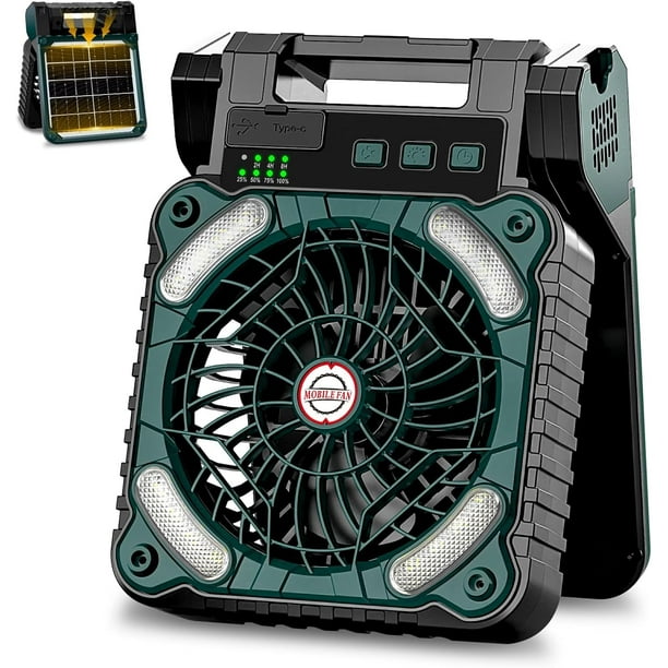 Ventilador de Camping|10400 mAh Ventilador Portátil Solar y USB Recargable|Ventiladores de Escritorio Solar con Linterna LED Temporizador 4 Velocidades para Aire Libre Exteior Interior y Emergencias