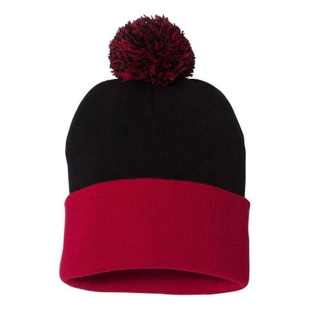 Couver Unisex 12 inch Knit Acrylic Warm Winter Beanie Hat with Pom Pom (Black/ Red)