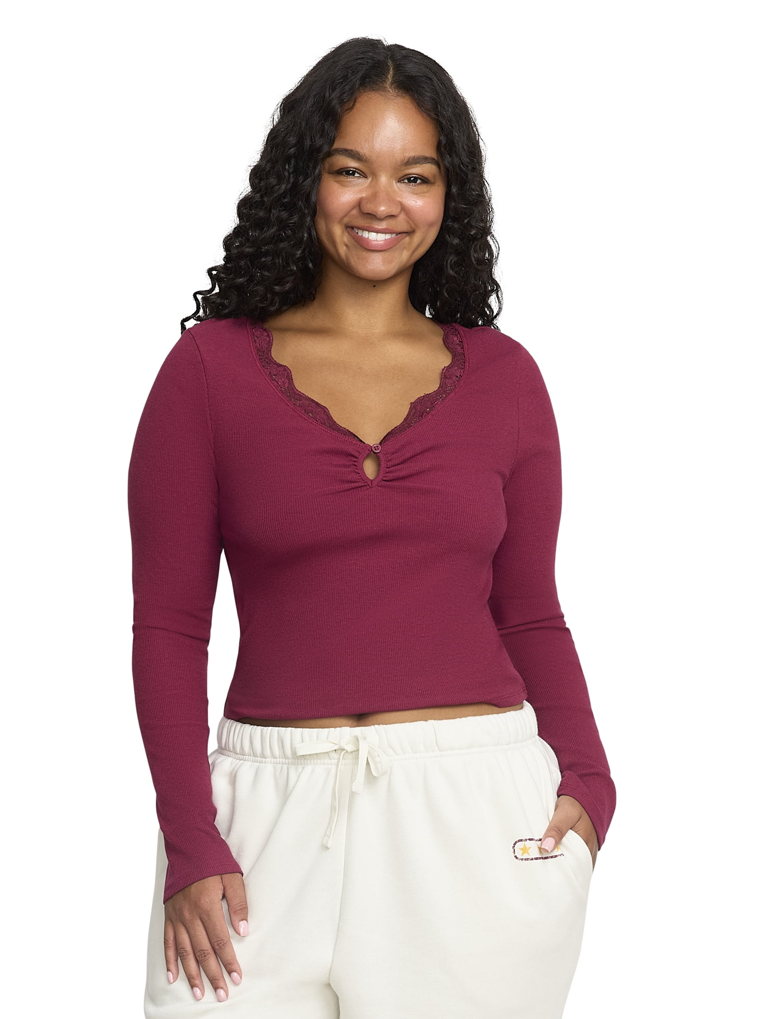 Mills by Millie Bobby Brown Women's Cut and Sew Henley Long Sleeve Top, Sizes XXS-XXXL