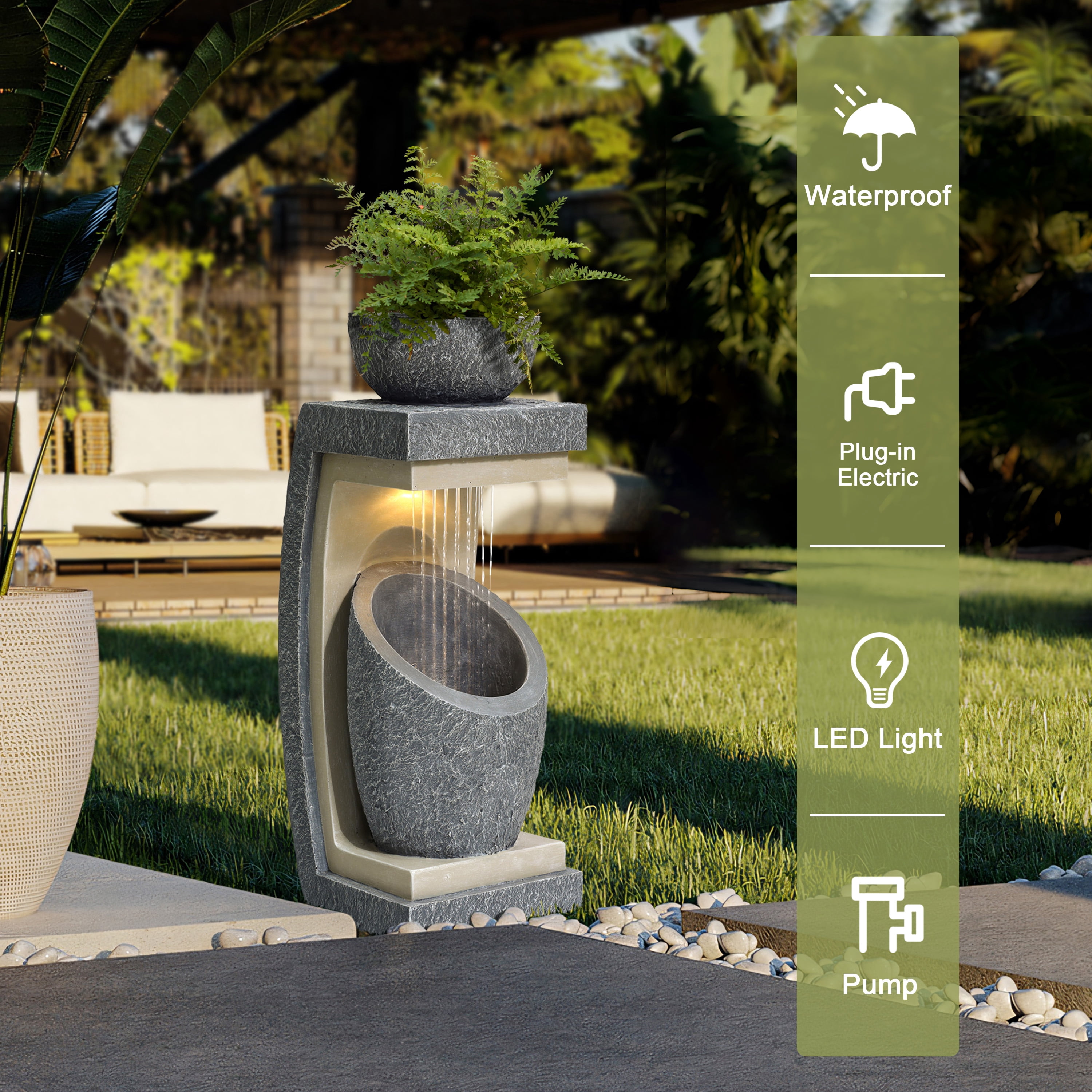 LuxenHome 32" Resin Cascading Water Fountains Outdoor and Indoor with LED Lights, Modern Water Features Garden Decor