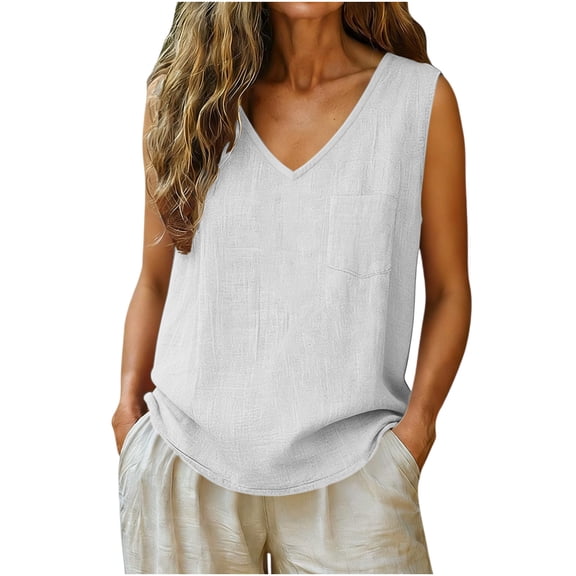 SHTXOZHI Womens Linen Tank Tops Wide Strap V Neck Loose Tanks Summer Beach Vacation Sleeveless Tops with Pocket
