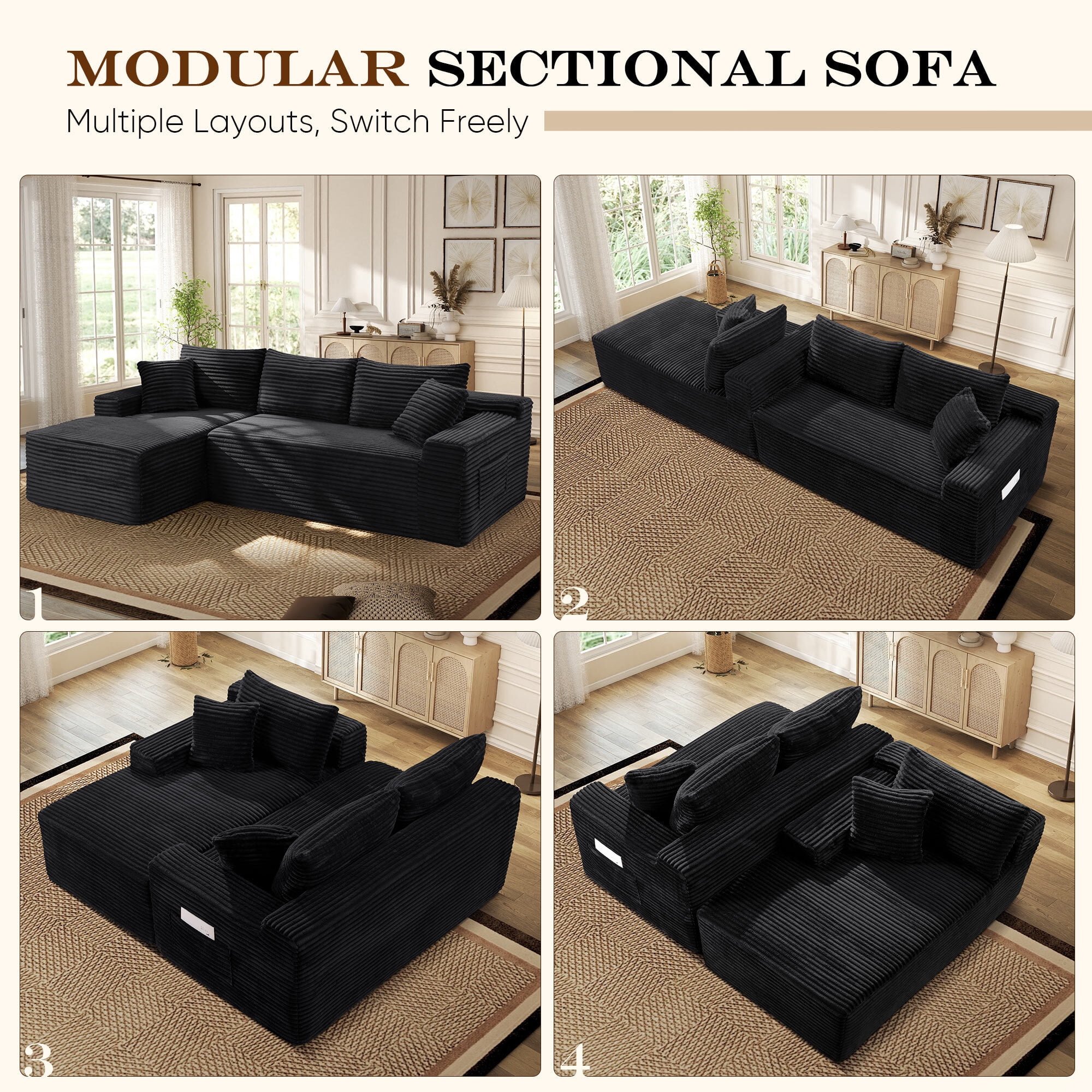 Lunale Small Modular Sectional Sofa with Movable Chaise, L-Shaped Boneless Cloud Couch for Living Room, Black (Left Facing Chaise)