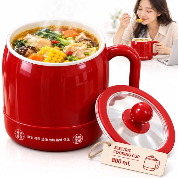Mini Electric Slow Cooker Travel Cup, 800mL Portable Cooker with Lid, 6-in-1 Touch Controls & 12H Keep Warm
