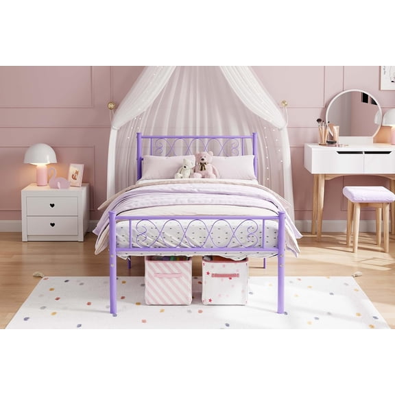 Metal Platform Bed Frame with Elegant heart motif headboard and footboard, adds a charming touch, Sturdy all for Bedroom,Twin,Purple