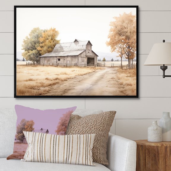Designart "Minimalist Landscape With Barn Scenery" Barn Floater Framed Wall Decor