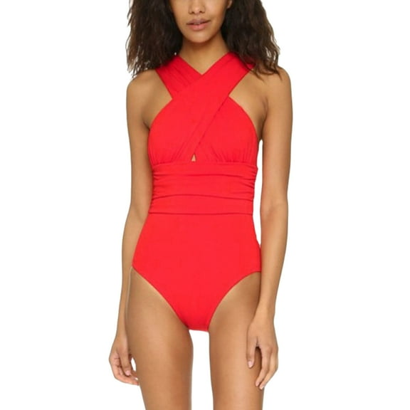 vigerkar Women's Sexy Crisscross Strap One-Piece Swimsuit - Solid Color Monokini with Tummy Control Red, L
