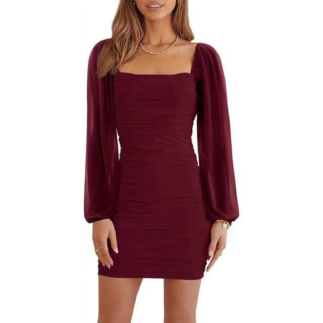 HAHDAXIA Women's Mesh Long Sleeve Square Neck Ruched Party Club Cocktail Bodycon Mini Dress
