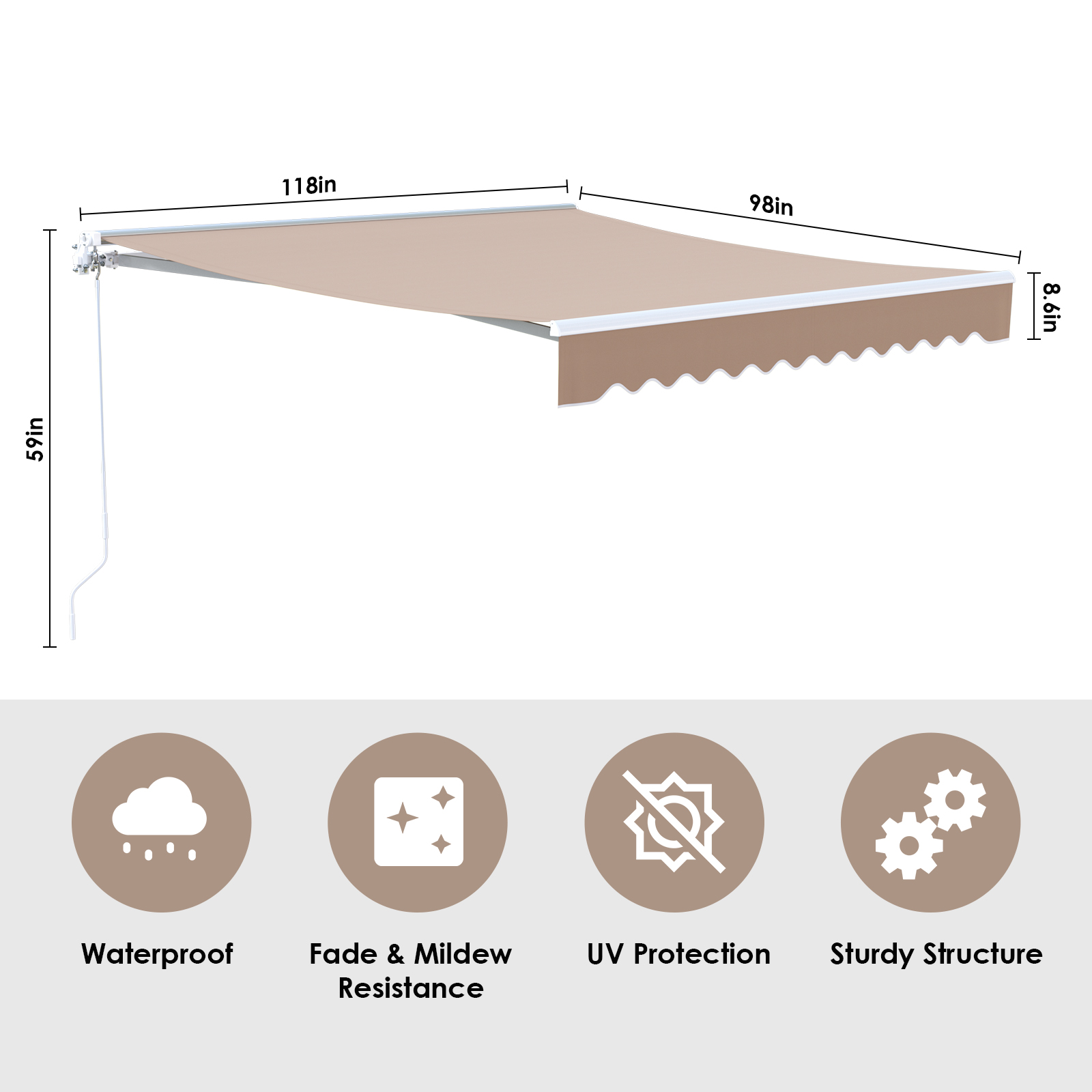 Pirecart 10' x 8' Patio Awning, Outdoor Awning Retractable Sunshade Shelter for Yard, Patio, Door, Balcony