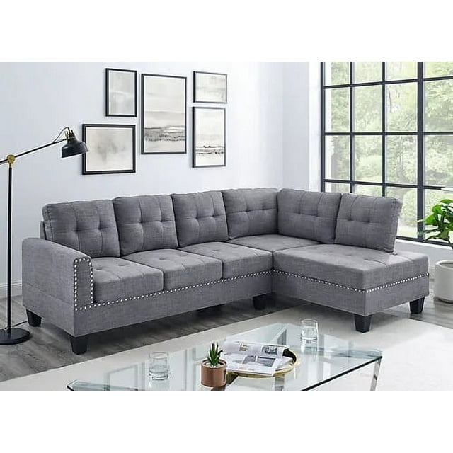 Queensons Sectionnel Toronto, Méridienne Orientée à Droite, Tissu Gris, avec Espace de Siège Ample et Facile à Nettoyer, Gris