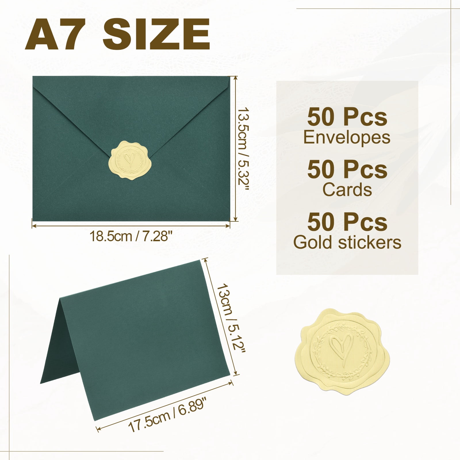 Uxcell 50 Pack Dark Green 5x7 Envelopes with Cards, V Flap A7 Envelopes with Gold Stickers for Greeting Cards and Invitations
