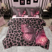 Manfei Gradient Pink Butterfly 7-Piece Twin Bedding Sets for Teens Children Female,Leopard Print Bedding Comforter Set,Bling Glitter Breathable Sheet Sets,Luxury Bedroom Decor,Reversible