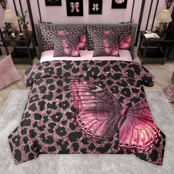 Manfei Gradient Pink Butterfly 7-Piece Twin Bedding Sets for Teens Children Female,Leopard Print Bedding Comforter Set,Bling Glitter Breathable Sheet Sets,Luxury Bedroom Decor,Reversible
