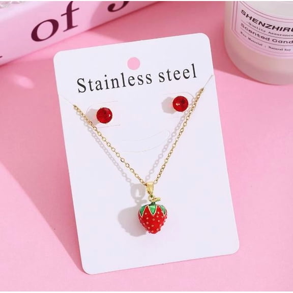 LYTMENT Strawberry Necklace and Earrings Set for Women, Stainless Steel Clavicle Chain with Cute Strawberry Pendant and Dangling Earrings