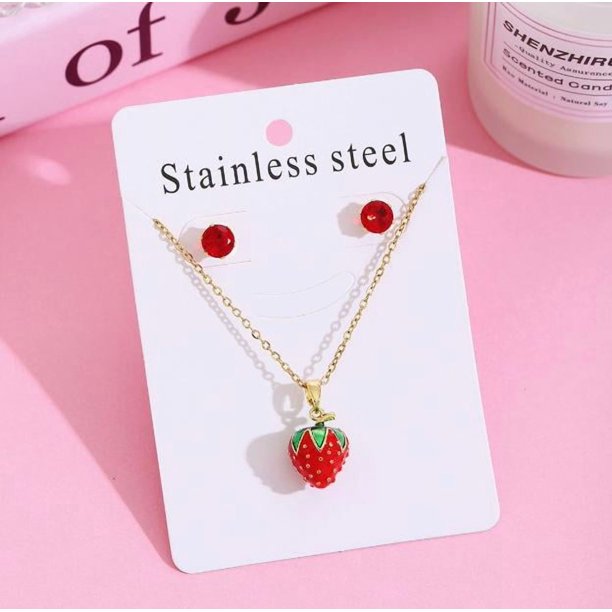 1 juego de collar y pendientes de fresa para mujer, cadena de clavícula de acero inoxidable, bonitos pendientes colgantes con colgante de fresa.