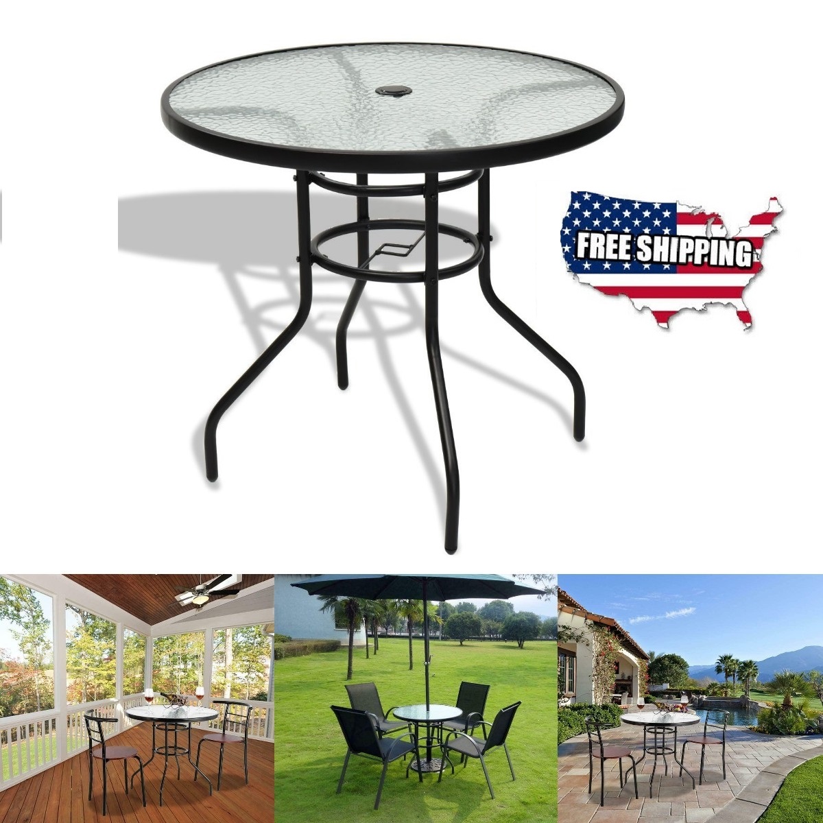 Goorabbit Outdoor Table With Umbrella Hole,Outdoor Round Tempered Glass Table Patio Metal Frame Dining Table, All Weather Outside Table for Garden,31.5x31.5x28.3",Black - image 1 of 9