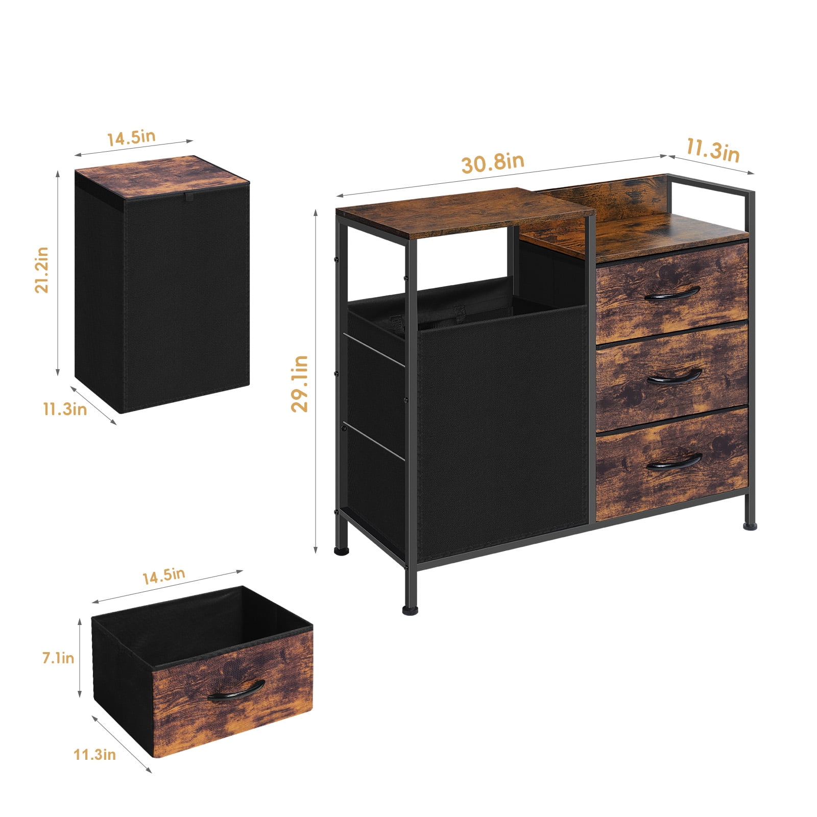 Multifunctional Laundry Hamper Cabinet with 3 Drawers, 60L Large Capacity Laundry Bag, Rustic Brown and Black Laundry Storage Unit for Laundry Room, Bedroom