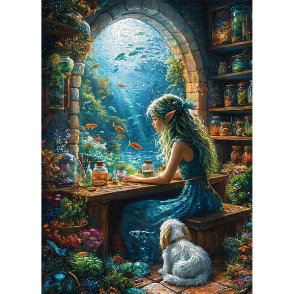 Lamplig Puzzles for Adults 1000 Pieces, Fairy Undersea Elf & Dog Jigsaw Puzzle, Fantasy Art Puzzle with Letters on Back, Brain Teaser, Family Fun Gift