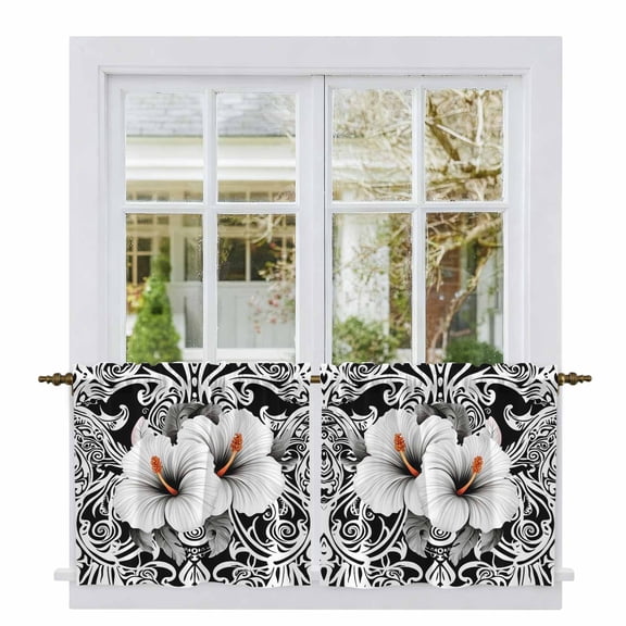 Black White Spring Floral Tier Curtains, Summer Botanical Modern Light Filtering Kitchen Curtains, 2Pcs Rod Pocket Half Window Treatments Panels for Sink Cafe Cabinet Camper 27.5x36 Inches