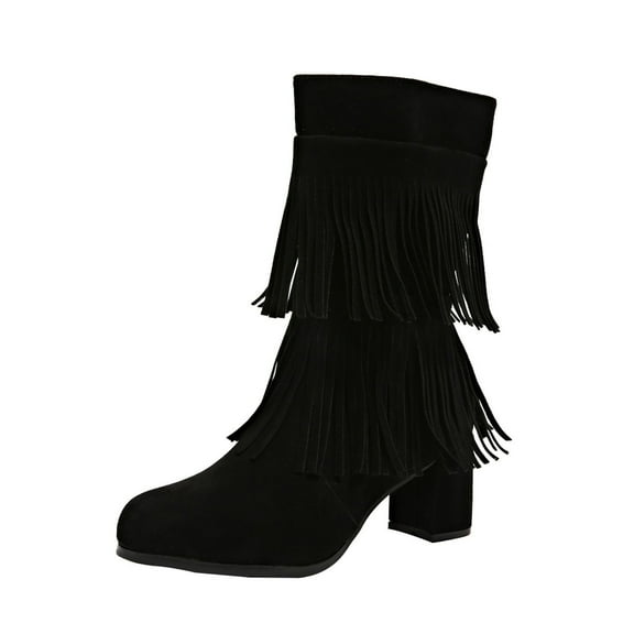 Xfvqtps Mid Calf Boots for Women Winter Chunky Heel Fashion Boots Fringe Western Boots with Side Zipper Comfortable Suede Boho Shoes Black