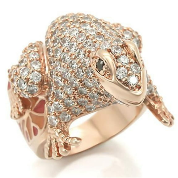 Luxe Jewelry Designs Women's Rose Gold Plated Brass Frog Shaped Ring with Black Jet Cubic Zirconia -