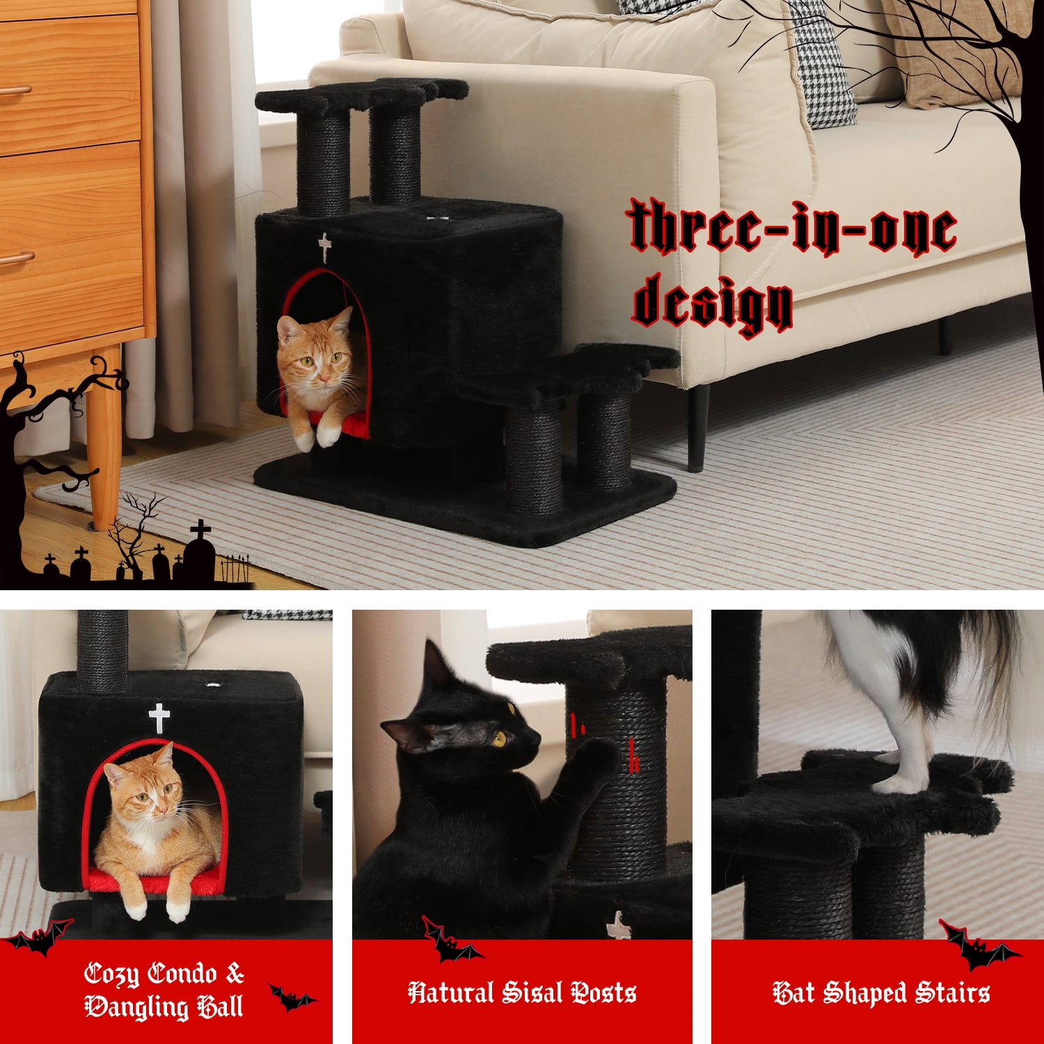 PAWZ Road 21.3" Dog Stairs with Scratching Post 3-Step Pet Stairs with Cat Condo for Small Dog Black