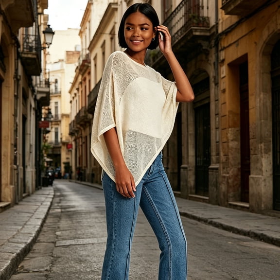 Toycle Irregular Cape Shawl Sun Protection Shirt Loose And Lazy Style Thin Ice Silk Knit Top For Women(White,100%polyester)