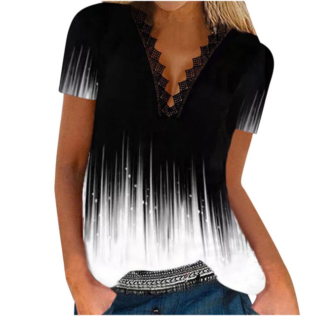 Tops Para Mujer Blusas Casuales Elegantes Camisas Blusa Estampada Con Cuello en V de Manga Corta de Encaje de Moda Camiseta Odeerbi ODB155200