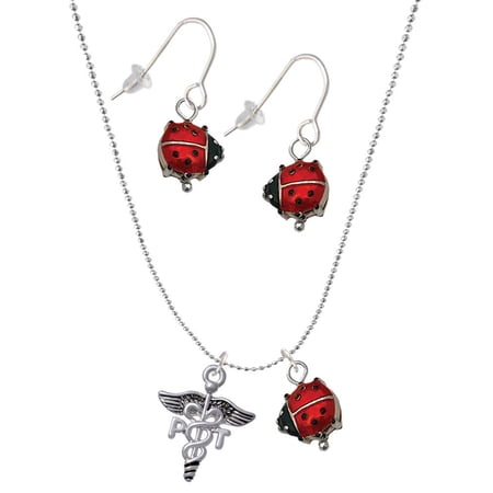 Delight Jewelry Silvertone Caduceus – PT Red Lucky Ladybug Necklace and Dangle Earrings Set