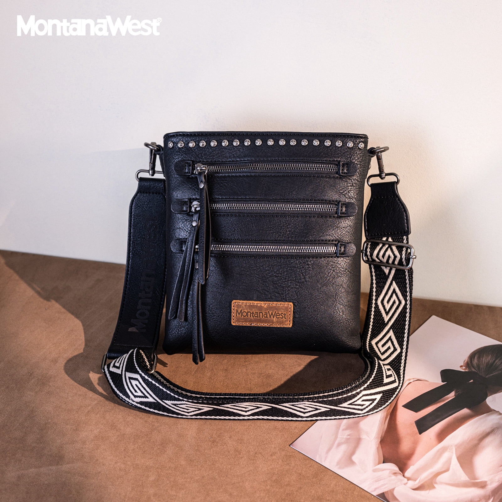 Montana West Crossbody Bags for Women Multi Pocket Cross Body Bag Purses with Guitar Strap, Black