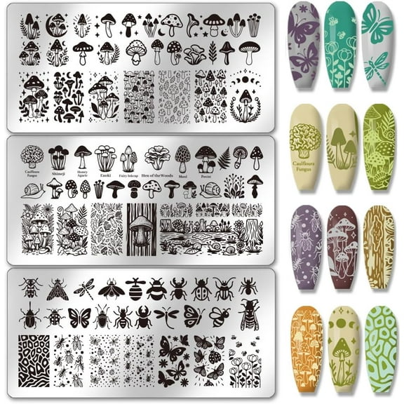 3pcs Mushrooms Patterns Nail Stamping Plates Insect Theme Nail Art Stencils Plants Leaves Manicure Art Templates Butterflies Flower Nails Image Plates for Women Manicures DIY Design Print diy