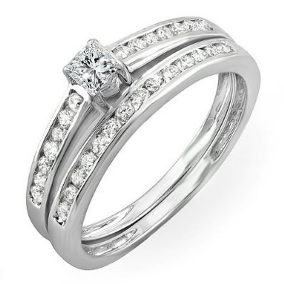 0.60 Carat (ctw) 10k White Gold Round & Princess Diamond Ladies Bridal Engagement Ring Wedding Band Set
