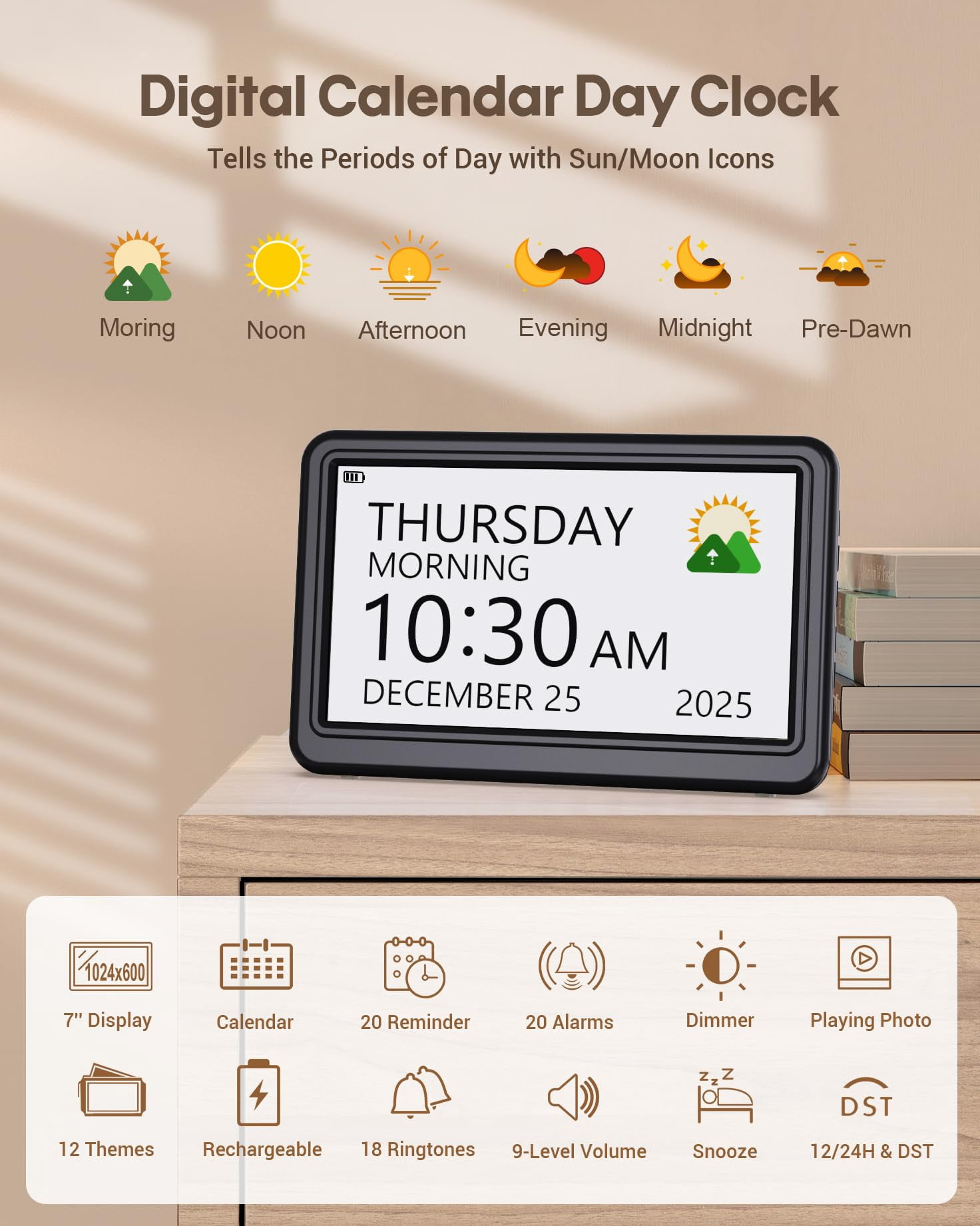 Clock With Day And Date For Operated  Digital Calendar 12 Display Modes 20 Alarms Reminders Dementia Clocks Seniors Black (with Rechargeable Battery)